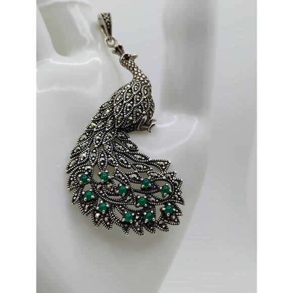 Vintage Peacock Marcosite and Green Onyx Pendant - Picture 1 of 5